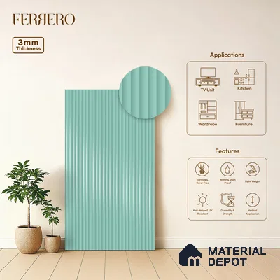 Misty Blue Fluted Solid Color 1D 05419 Misty Horizon 8 ft x 4 ft High Gloss Finish Acrylic Laminate - 3 mm | Suitable for TV Unit,Wardrobe, Kitchen Cabinets