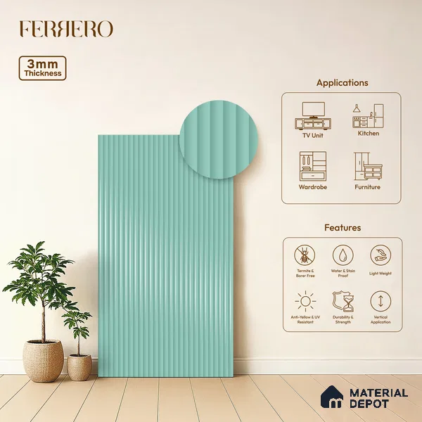 Misty Blue Fluted Solid Color 1D 05419 Misty Horizon 8 ft x 4 ft High Gloss Finish Acrylic Laminate - 3 mm | Suitable for TV Unit,Wardrobe, Kitchen Cabinets