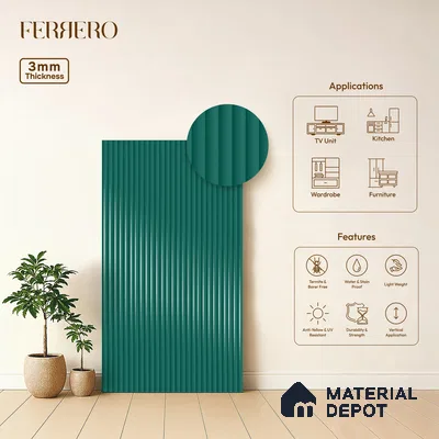 Ferrero 1D 05420 Deep Teal 8 ft x 4 ft High Gloss Finish Fluted Acrylic Laminate - 3 mm | Suitable for Bedroom, TV Unit, Wardrobe, Kitchen