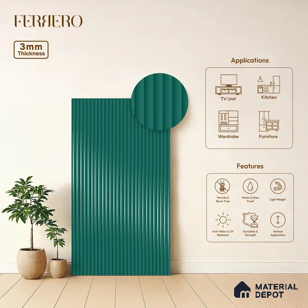 Ferrero 1D 05420 Deep Teal 8 ft x 4 ft High Gloss Finish Fluted Acrylic Laminate - 3 mm | Suitable for Bedroom, TV Unit, Wardrobe, Kitchen