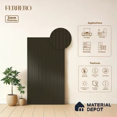 Cocoa Brown Fluted Solid Color 1D 05440 Cocoa Ember 8 ft x 4 ft High Gloss Finish Acrylic Laminate - 3 mm | Suitable for TV Unit,Wardrobe, Kitchen Cabinets