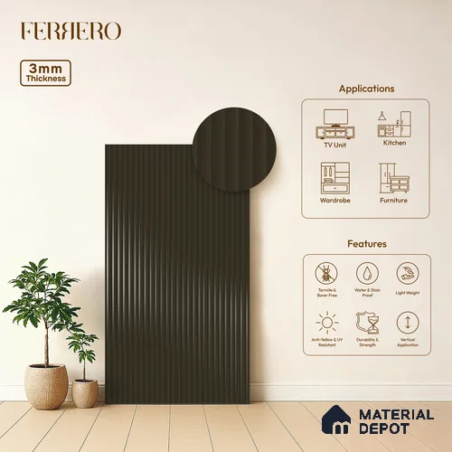 Cocoa Brown Fluted Solid Color 1D 05440 Cocoa Ember 8 ft x 4 ft High Gloss Finish Acrylic Laminate - 3 mm | Suitable for TV Unit,Wardrobe, Kitchen Cabinets