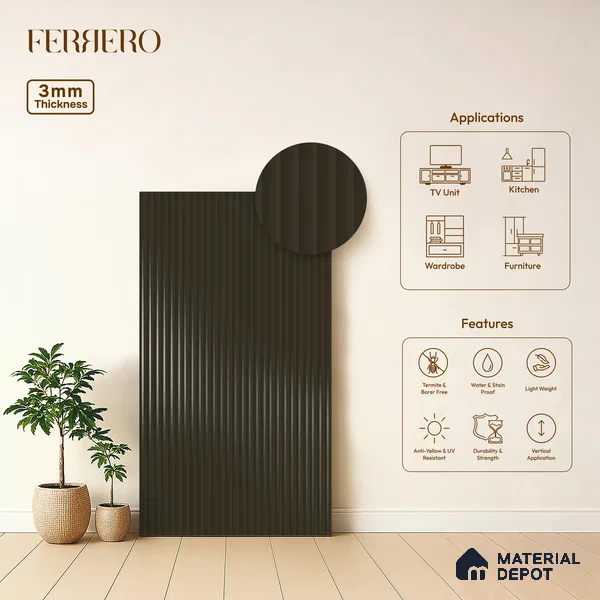 Cocoa Brown Fluted Solid Color 1D 05440 Cocoa Ember 8 ft x 4 ft High Gloss Finish Acrylic Laminate - 3 mm | Suitable for TV Unit,Wardrobe, Kitchen Cabinets