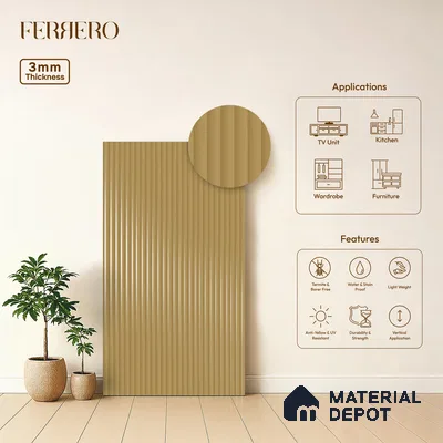 Camel Brown Fluted Solid Color 1D 05439 Camel Glow 8 ft x 4 ft High Gloss Finish Acrylic Laminate - 3 mm | Suitable for TV Unit,Wardrobe, Kitchen Cabinets