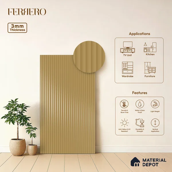Camel Brown Fluted Solid Color 1D 05439 Camel Glow 8 ft x 4 ft High Gloss Finish Acrylic Laminate - 3 mm | Suitable for TV Unit,Wardrobe, Kitchen Cabinets