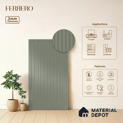 Slate Grey Fluted Solid Color 1D 05441 Slate Cloud 8 ft x 4 ft High Gloss Finish Acrylic Laminate - 3 mm | Suitable for TV Unit,Wardrobe, Kitchen Cabinets