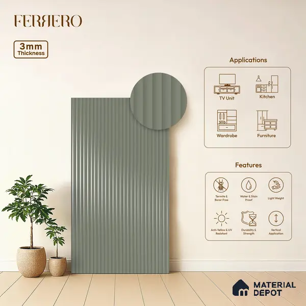Slate Grey Fluted Solid Color 1D 05441 Slate Cloud 8 ft x 4 ft High Gloss Finish Acrylic Laminate - 3 mm | Suitable for TV Unit,Wardrobe, Kitchen Cabinets