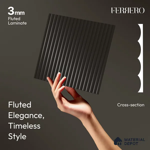 Graphite Black Fluted Solid Color 1D 05443 Graphite Drift 8 ft x 4 ft High Gloss Finish Acrylic Laminate - 3 mm | Suitable for TV Unit,Wardrobe, Kitchen Cabinets