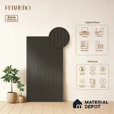 Charcoal Grey Fluted Solid Color 1D 05442 Ash Taupe 8 ft x 4 ft High Gloss Finish Acrylic Laminate - 3 mm | Suitable for TV Unit,Wardrobe, Kitchen Cabinets