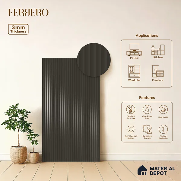 Charcoal Grey Fluted Solid Color 1D 05442 Ash Taupe 8 ft x 4 ft High Gloss Finish Acrylic Laminate - 3 mm | Suitable for TV Unit,Wardrobe, Kitchen Cabinets