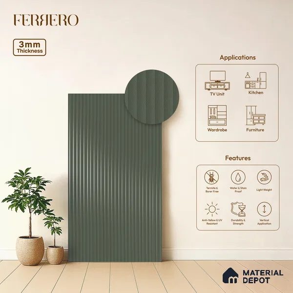 Shadow Slate Grey Fluted Solid Color 1D 05451 Shadow Slate 8 ft x 4 ft High Gloss Finish Acrylic Laminate - 3 mm | Suitable for TV Unit,Wardrobe, Kitchen Cabinets