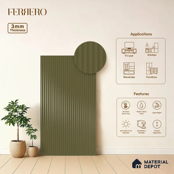 Charcoal Bark Brown Fluted Solid Color 1D 05452 Charcoal Bark 8 ft x 4 ft High Gloss Finish Acrylic Laminate - 3 mm | Suitable for TV Unit,Wardrobe, Kitchen Cabinets