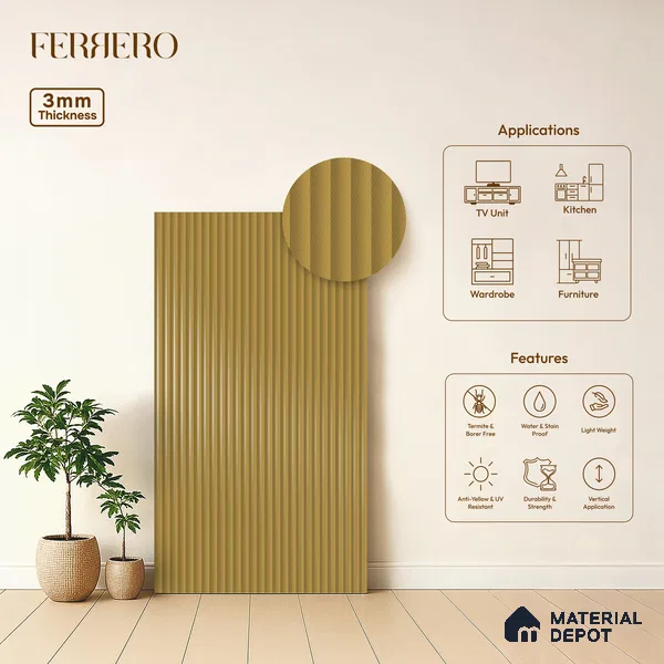 Amber Gold Fluted Solid Color 1D 05454 Amber Dune 8 ft x 4 ft High Gloss Finish Acrylic Laminate - 3 mm | Suitable for TV Unit,Wardrobe, Kitchen Cabinets