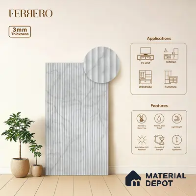 Marble Fluted 1D 05472 Fog Veins 8 ft x 4 ft High Gloss Finish Acrylic Laminate - 3 mm | Suitable for TV Unit,Wardrobe, Kitchen Cabinets