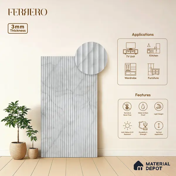 Marble Fluted 1D 05472 Fog Veins 8 ft x 4 ft High Gloss Finish Acrylic Laminate - 3 mm | Suitable for TV Unit,Wardrobe, Kitchen Cabinets