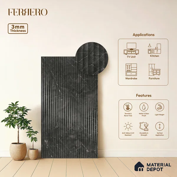 Marble Fluted 1D 05477 Twilight Veins 8 ft x 4 ft High Gloss Finish Acrylic Laminate - 3 mm | Suitable for TV Unit,Wardrobe, Kitchen Cabinets