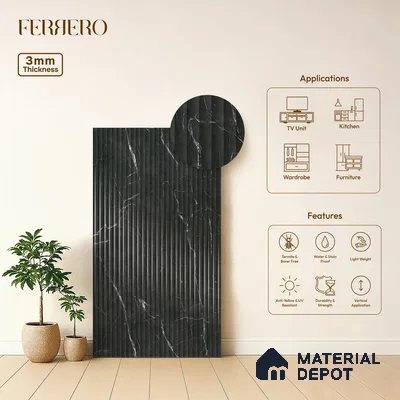 Marble Fluted 1D 05475 Stormy Ridge 8 ft x 4 ft High Gloss Finish Acrylic Laminate - 3 mm | Suitable for TV Unit,Wardrobe, Kitchen Cabinets