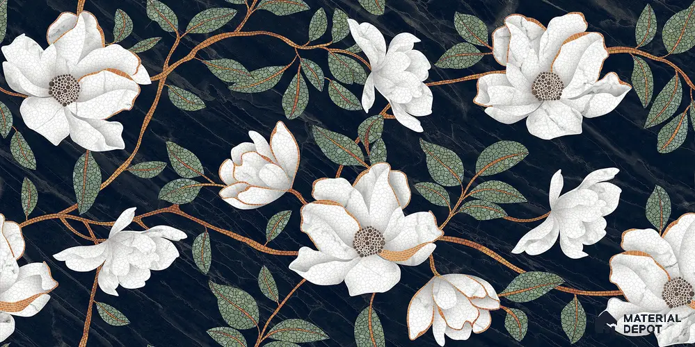 Floral Wall Tile TL 12274 Blossom Black Decore 4 ft x 2 ft Sugar + (Glossy Granula/Glue) Finish Vitrified Tile - 9 mm