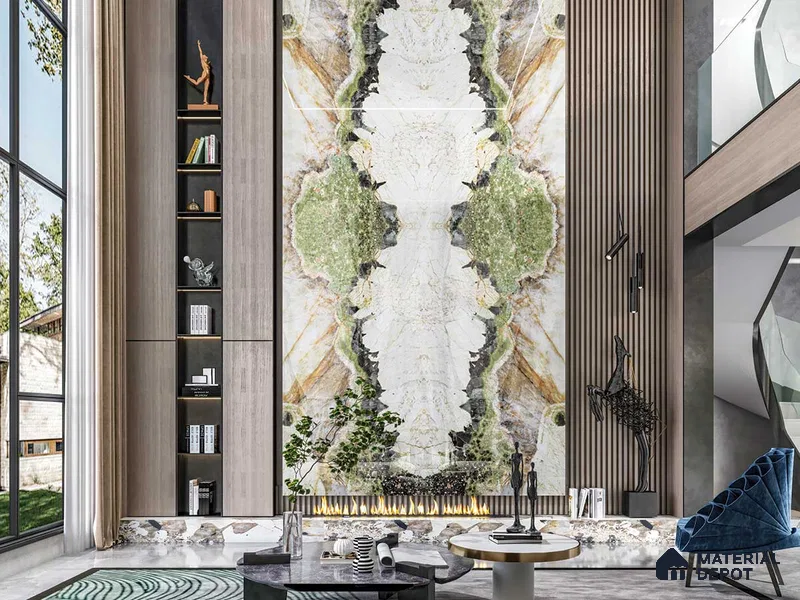 Large Format Bookmatch Floor & Wall Tile TL 10588 Botanic Wave 8 ft x 4 ft Colour Body Vitrified Glossy Finish - 9 mm | Suitable for Living Room, Bedroom, Bathroom | Adhesive and Spacers Must be Used During Installation