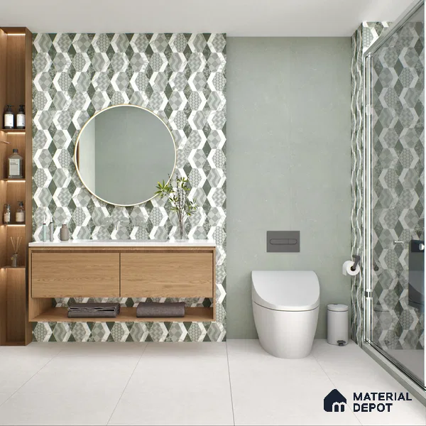 Carving Wall Tile TL 05456 C Olive Green Decor 2 ft x 4 ft Vitrified Rustic Carving Matte Finish - 9 mm | 4 Random Design | Suitable for Living Room, Bedroom, Bathroom, Kitchen