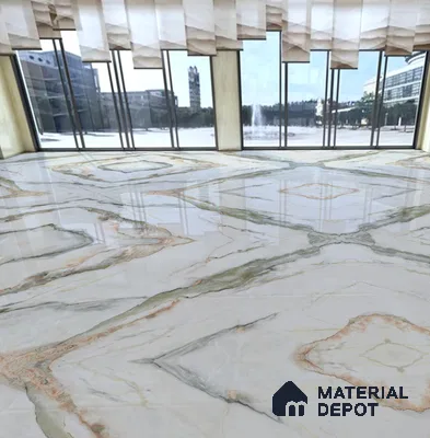 Large Format Endless Floor & Wall Tile TL 10587 Calacatta Oric 8 ft x 4 ft Colour Body Vitrified Glossy Finish - 9 mm | Suitable for Living Room, Bedroom, Bathroom | Adhesive and Spacers Must be Used During Installation