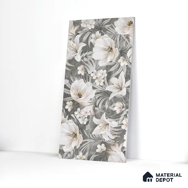 Floral Wall Tile TL 05509 B Lisburn Grey Decor 2 ft x 4 ft Vitrified Lush Plus Matte Finish - 9 mm | 4 Random Design | Suitable for Living Room, Bedroom, Bathroom, Kitchen