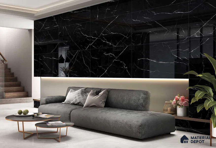 Marble Wall & Floor Tile TL 06774 Gravier Obsidian Vein 4 ft x 2 ft Vitrified High Gloss Finish - 9 mm |  | Suitable for Living Room, Bedroom, Bathroom