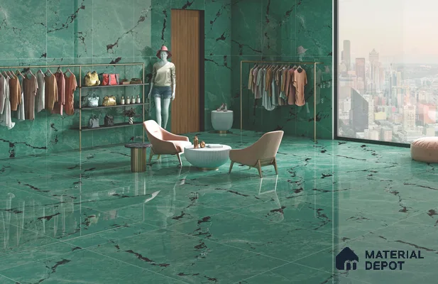 Green Marble Floor & Wall Tile TL 08022  Ornate Green Melody 5.2 ft x 2.6 ft Vitrified High Gloss Finish - 9 mm | 4 Random Design | Suitable for Living Room, Bedroom, Bathroom