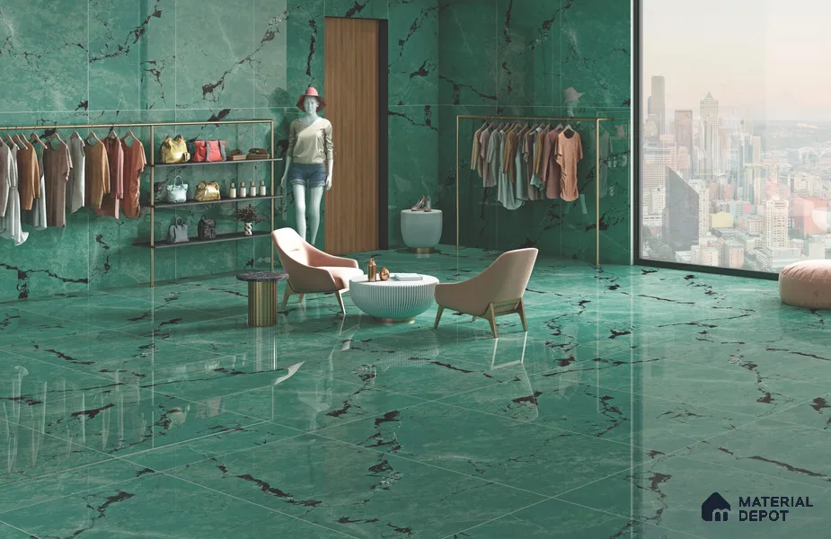 Green Marble Floor & Wall Tile TL 08022 Ornate Green Melody 5.2 ft x 2.6 ft Vitrified High Gloss Finish - 9 mm | 4 Random Design | Suitable for Living Room, Bedroom, Bathroom