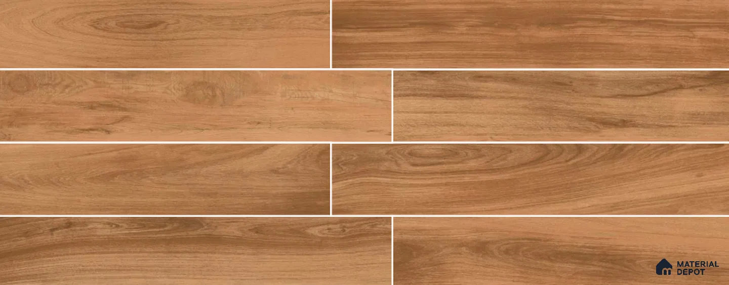 Brown Wooden Strip Floor & Wall Tile TL 09132 Grainor Royal Brown 4 ft x 8 Inch Vitrified Carving Matte Finish - 9 mm | Suitable for Living Room, Bedroom, Foyer, Dining | 2-3 mm Spacer is Mandatory