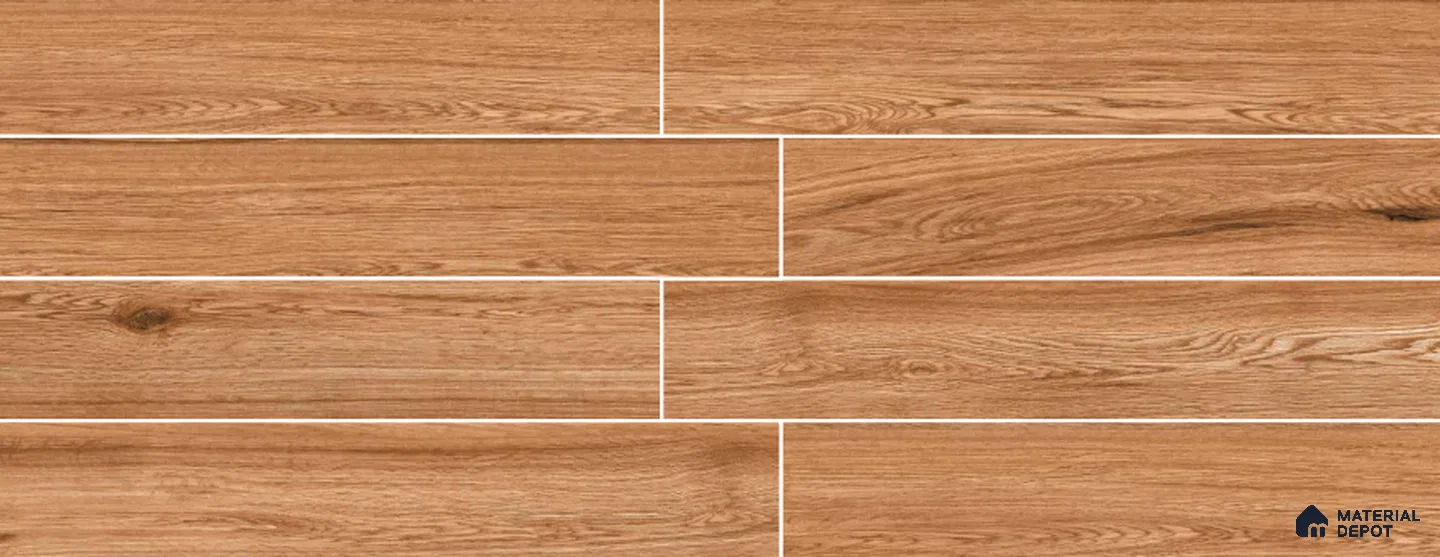 Brown Wooden Strip Floor & Wall Tile TL 09130 Grainor Copper Bonny 4 ft x 8 Inch Vitrified Carving Matte Finish - 9 mm | Suitable for Living Room, Bedroom, Foyer, Dining | 2-3 mm Spacer is Mandatory