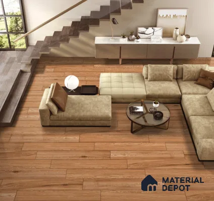 Brown Wooden Strip Floor & Wall Tile TL 09130 Grainor Copper Bonny 4 ft x 8 Inch Vitrified Carving Matte Finish - 9 mm | Suitable for Living Room, Bedroom, Foyer, Dining | 2-3 mm Spacer is Mandatory