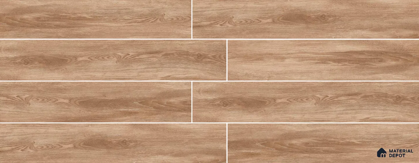 Brown Wooden Strip Floor & Wall Tile TL 09131 Grainor Mountain Brown 4 ft x 8 Inch Vitrified Carving Matte Finish - 9 mm | Suitable for Living Room, Bedroom, Foyer, Dining | 2-3 mm Spacer is Mandatory
