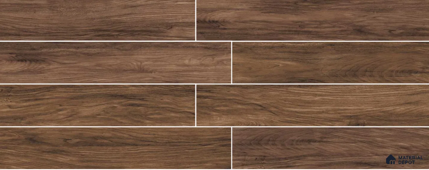 Brown Wooden Strip Floor & Wall Tile TL 09140 Grainor Caribbean Wood 4 ft x 8 Inch Vitrified Carving Matte Finish - 9 mm | Suitable for Living Room, Bedroom, Foyer, Dining | 2-3 mm Spacer is Mandatory