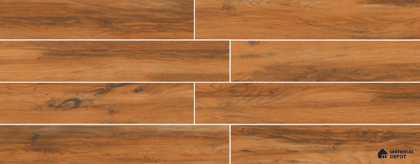 Brown Wooden Strip Floor & Wall Tile TL 09136 Grainor Dacota Pine 4 ft x 8 Inch Vitrified Carving Matte Finish - 9 mm | Suitable for Living Room, Bedroom, Foyer, Dining | 2-3 mm Spacer is Mandatory