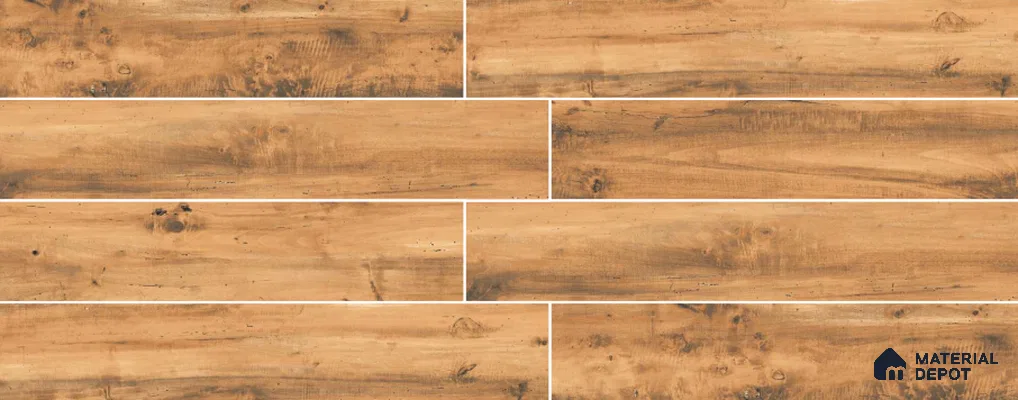 Brown Wooden Strip Floor & Wall Tile TL 09135 Grainor Copper Tuscany 4 ft x 8 Inch Vitrified Carving Matte Finish - 9 mm | Suitable for Living Room, Bedroom, Foyer, Dining | 2-3 mm Spacer is Mandatory