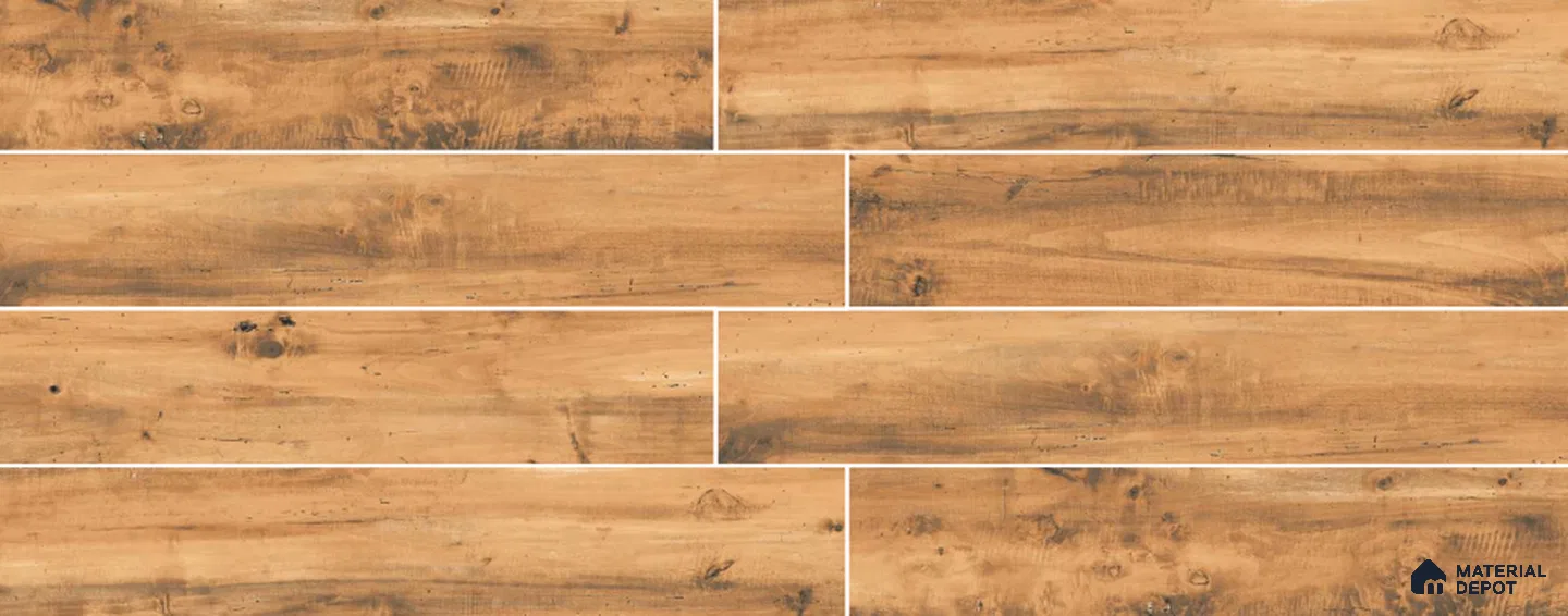 Brown Wooden Strip Floor & Wall Tile TL 09135 Grainor Copper Tuscany 4 ft x 8 Inch Vitrified Carving Matte Finish - 9 mm | Suitable for Living Room, Bedroom, Foyer, Dining | 2-3 mm Spacer is Mandatory