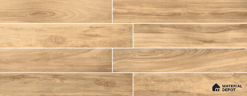 Brown Wooden Strip Floor & Wall Tile TL 09133 Grainor Royal Honey 4 ft x 8 Inch Vitrified Carving Matte Finish - 9 mm | Suitable for Living Room, Bedroom, Foyer, Dining | 2-3 mm Spacer is Mandatory