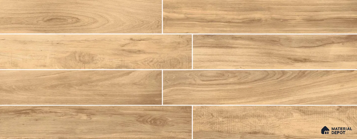 Brown Wooden Strip Floor & Wall Tile TL 09133 Grainor Royal Honey 4 ft x 8 Inch Vitrified Carving Matte Finish - 9 mm | Suitable for Living Room, Bedroom, Foyer, Dining | 2-3 mm Spacer is Mandatory