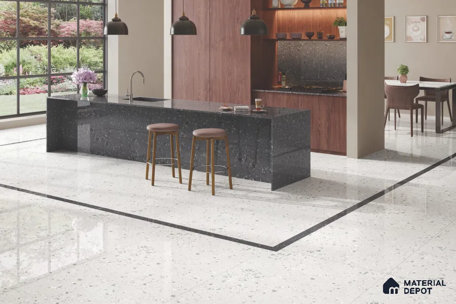 Terrazzo Kitchen Counter Top Slab TL 11507 Mozeco Ice 8 ft x 3 ft Full Body Glossy Finish - 15 mm | Suitable for Table Top & Window Frame | Adhesive and Spacers Must be Used During Installation