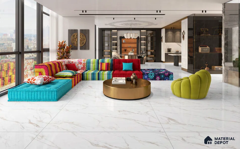 Large Formate Marble Floor & Wall Tile TL 11497 Statuario Romana 6 ft x 4 ft Vitrified Glossy Finish - 9 mm | 4 Random Design | Suitable for Living Room, Bedroom, Dining & Office