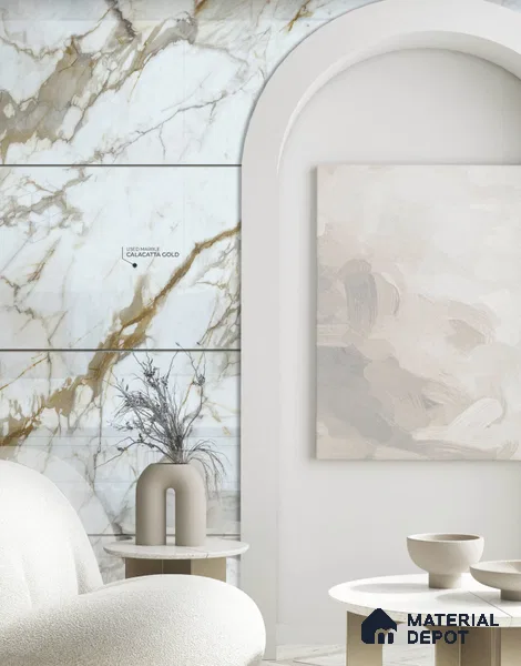 Calacatta Gold 8 ft x 4 ft High Gloss Finish Orison Series Marble Redefined PVC Laminate - 1.5 mm | Suitable for TV Unit, Wardrobe, Kitchen Cabinets