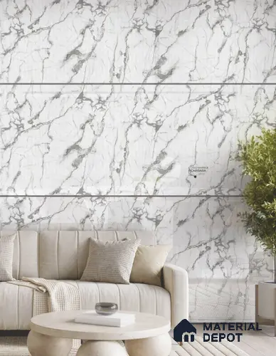 Satvario Carrara 8 ft x 4 ft High Gloss Finish Orison Series Marble Redefined PVC Laminate - 1.5 mm | Suitable for TV Unit, Wardrobe, Kitchen Cabinets
