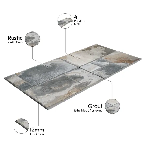 Parking Floor & Wall TL 00062 B Slate Grey 2 ft x 1 ft Matte Finish Stone Vitrified Tile - 12 mm | 32 Random Faces | Suitable For Heavy Duty Outdoor Areas
