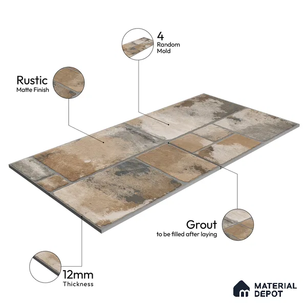 Parking Floor & Wall TL 00062 C Organic Brown 2 ft x 1 ft Matte Finish Stone Vitrified Tile - 12 mm | 32 Random Faces | Suitable For Heavy Duty Outdoor Areas