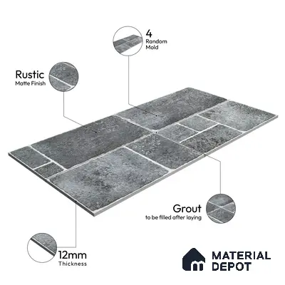 Parking Floor & Wall TL 00062 D Ash Grey 2 ft x 1 ft Matte Finish Stone Vitrified Tile - 12 mm | 32 Random Faces | Suitable For Heavy Duty Outdoor Areas