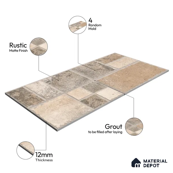 Parking Floor & Wall TL 00063 Earth Brown 2 ft x 1 ft Matte Finish Stone Vitrified Tile - 12 mm | 32 Random Faces | Suitable For Heavy Duty Outdoor Areas