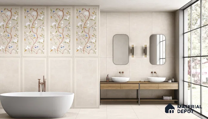 Floral Wall TL 07705 B Denim Crema Frame Blossom 4 ft x 2 ft Vitrified Full Body Digital Matte Finish Tile - 9 mm | Suitable for Bathroom, Accent/Feature Wall, Dining Area