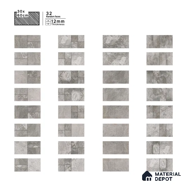 Parking Floor & Wall TL 00061 B Ash Grey Quartz 2 ft x 1 ft Matte Finish Stone Vitrified Tile - 12 mm | 32 Random Faces | Suitable For Heavy Duty Outdoor Areas