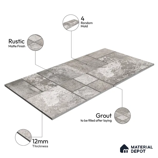 Parking Floor & Wall TL 00061 B Ash Grey Quartz 2 ft x 1 ft Matte Finish Stone Vitrified Tile - 12 mm | 32 Random Faces | Suitable For Heavy Duty Outdoor Areas